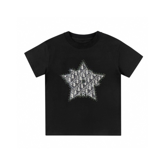 Dior, high-end children's clothing, boys' and girls' T-shirts, patchwork printed with colorful diamonds, a star on the chest, the pattern combines patchwork, printing and micro-luster diamonds, creating a sense of layering