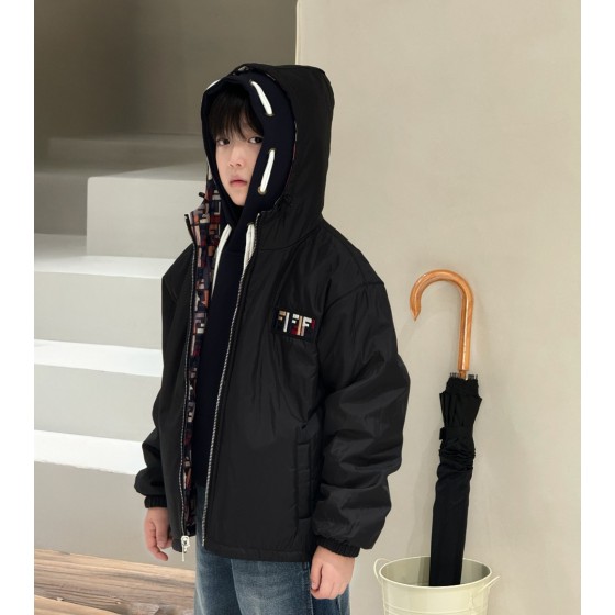 Fendi, high-end children's clothing, men's and girls' cotton-padded jackets, double-sided windbreaker cotton-padded jackets, with double-sided cotton filling, FF limited edition monoprint pattern, black surface with water repellency function